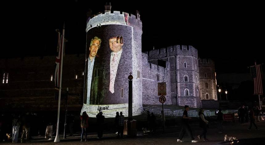 Ativistas exibem projeções com imagens de Trump e Epstein no Castelo de Windsor