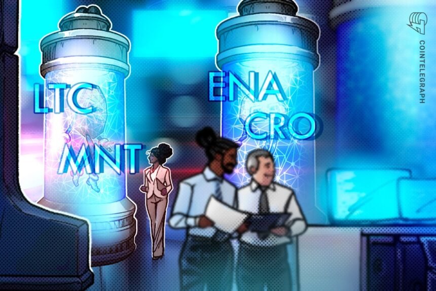 Bitcoin cai, mas LTC, CRO, ENA e MNT continuam fortes nos gráficos