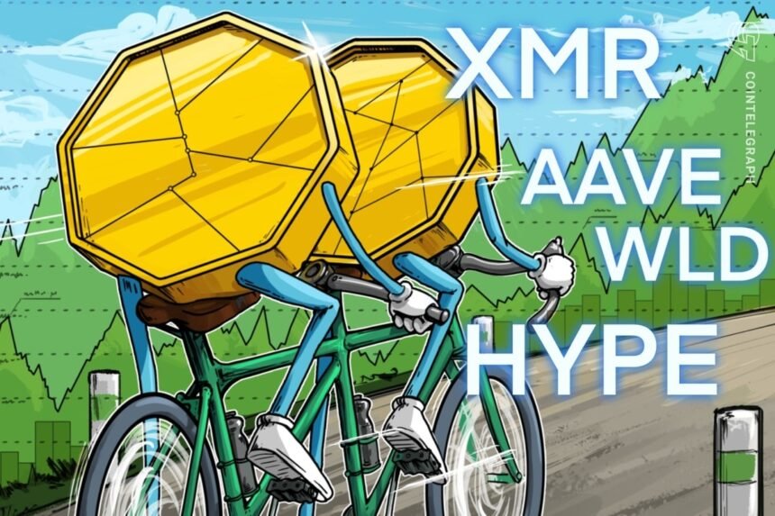 Bitcoin mantém suporte crucial enquanto HYPE, XMR, AAVE e WLD lideram alta das altcoins